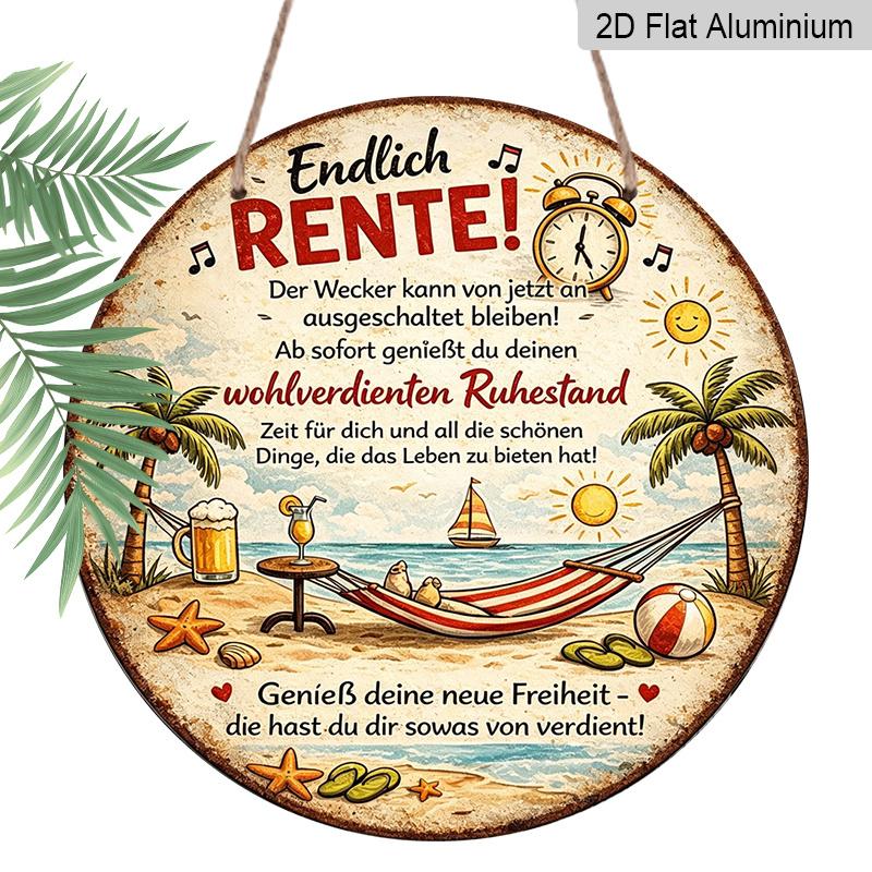2D Flat, 1pc Round Aluminum Hanging Sign - "Finally Retired" German Retirement Beach Scene Metal Wall Art, Vintage Distressed Tropical Hammock & Palm