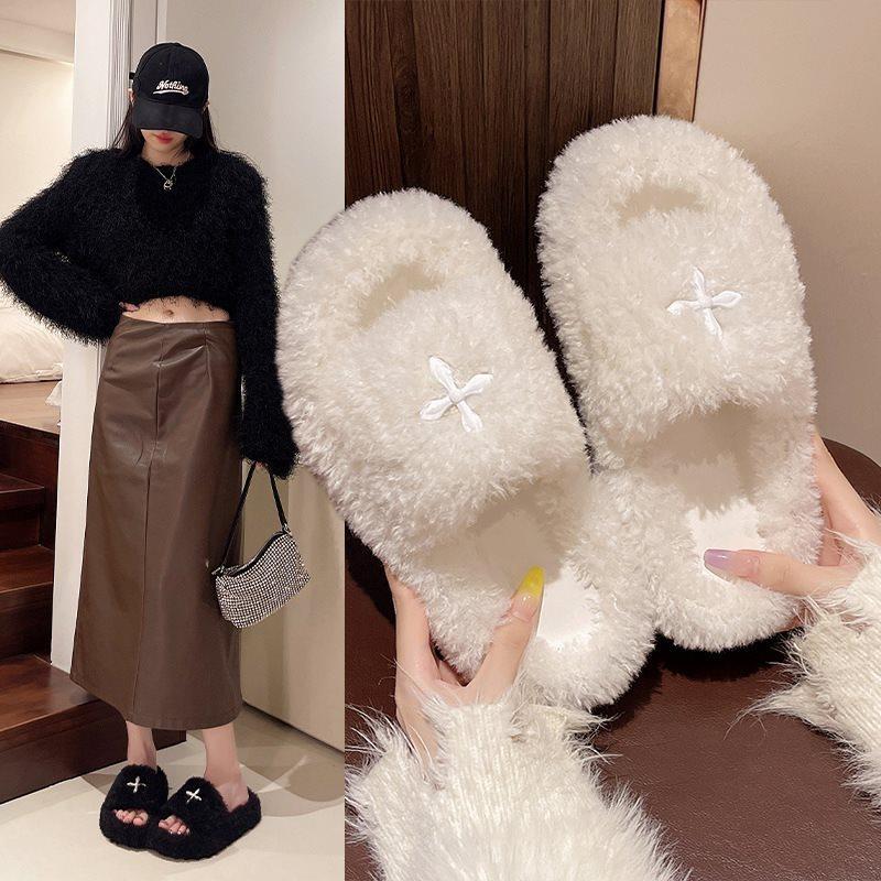 Super fire non-slip trawl thick bottom new red cotton home autumn and winter fluffy slippers women's outer wear ins tide 2025