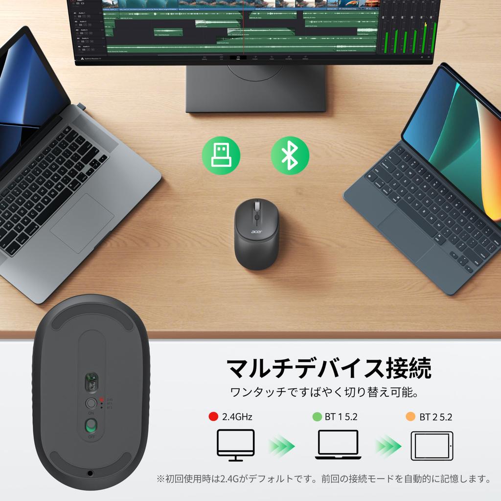 Acer Wireless Bluetooth Connection Switch for Portable USB Mouse with 3 DPI Compatible with and iPad Mouse, 5.2 + 2.4GHz, Symmetrical, 3-Device M/S