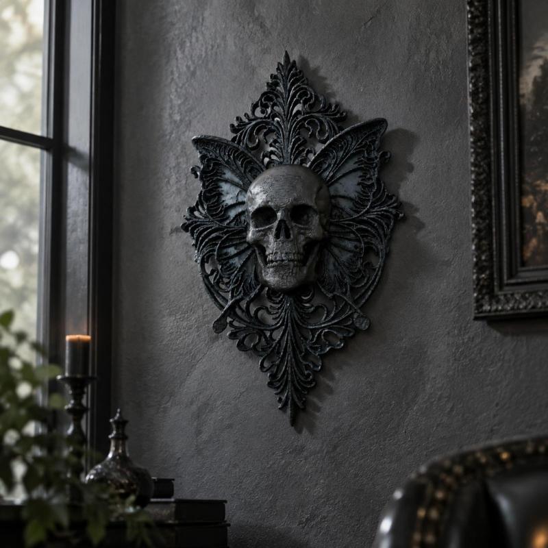 Halloween Skeleton Wall Art Black Skull Butterfly Wall Decors, Single-Form Plastic Plaque with Raised Relief and Intricate Scrolling Detail for