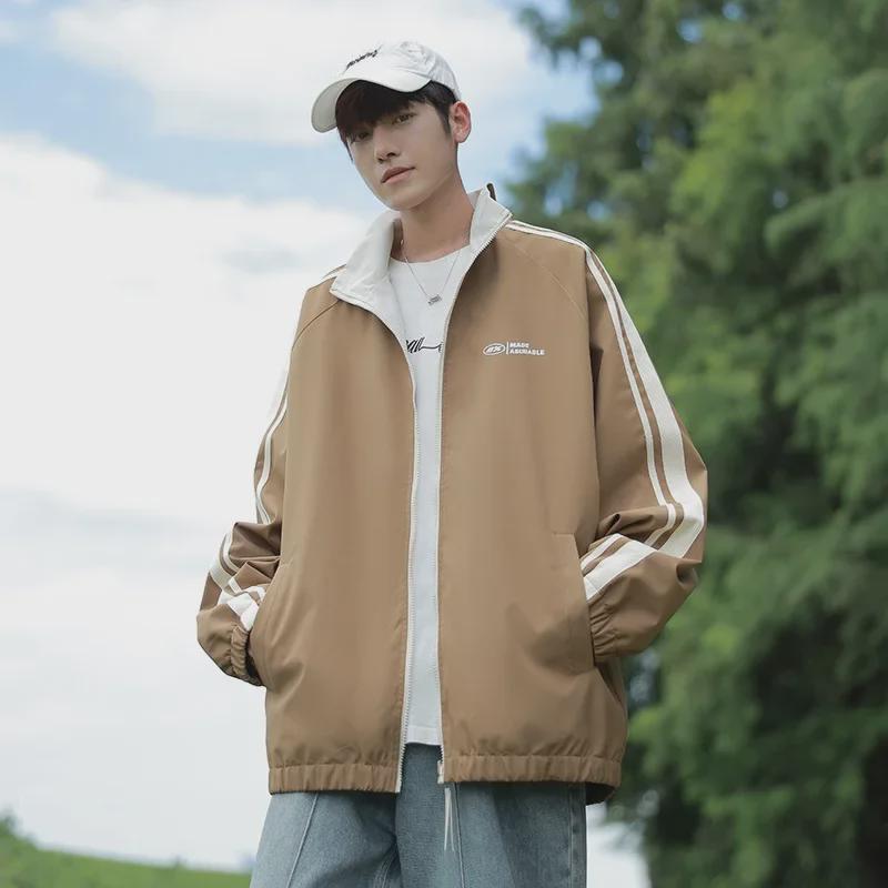 Hong Kong Style Men's Striped Two-Sided Stand-Up Collar Jacket - Casual Loose Fit for Spring and Autumn