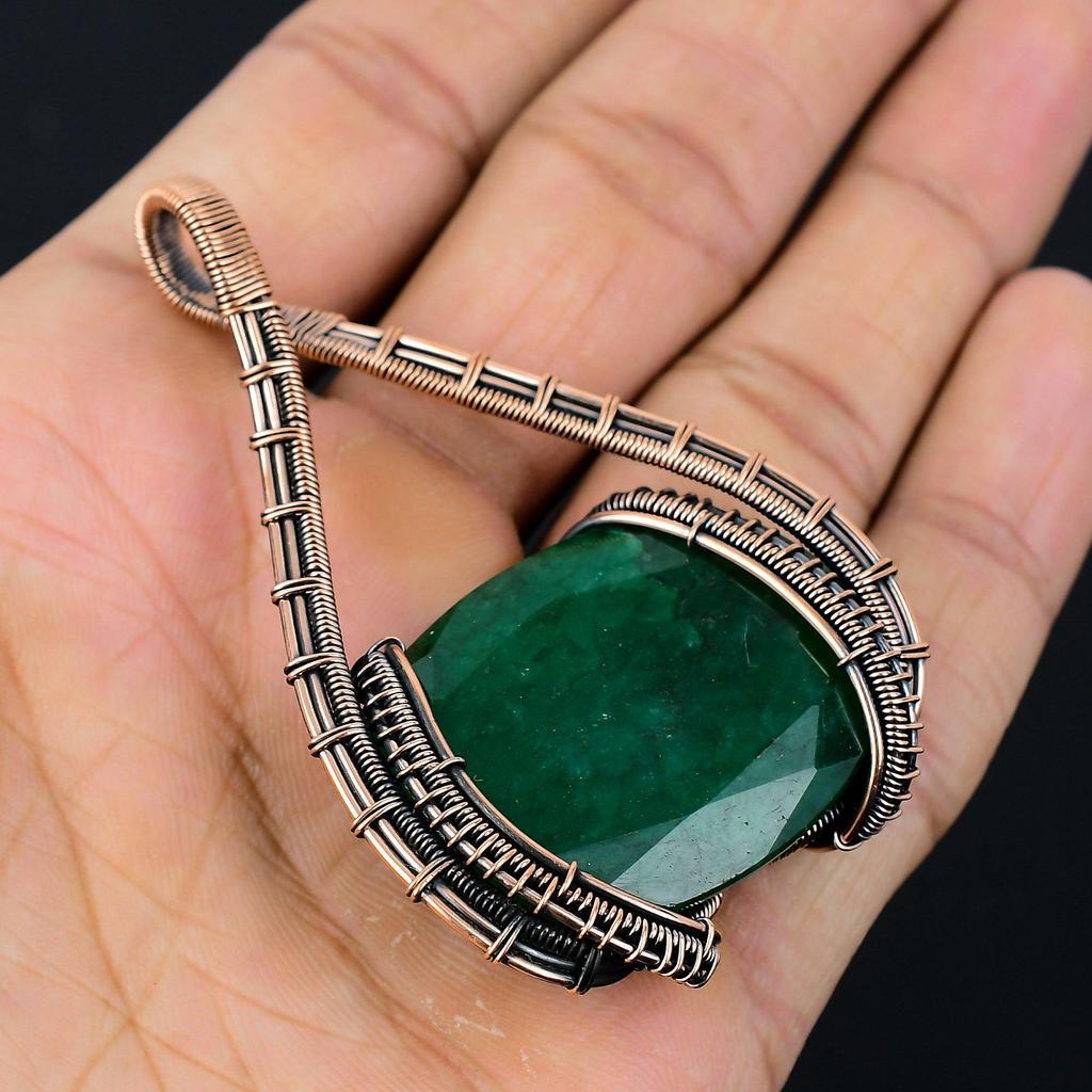 Lab-Created Emerald Gemstone Pure Copper Wire Wrapped Designer Handmade Pendant Jewelry For Gift