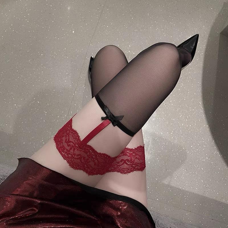 Stockings Ultra-thin Red Edge Suspenders Stockings One-piece Pure Desire Sexy Royal Sister Group Wind Over the Knee Boundless Stockings