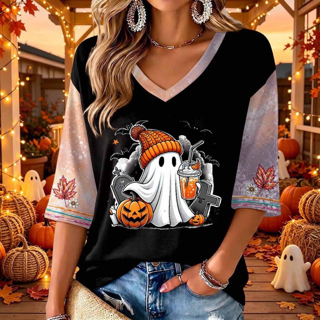 Women's Halloween Print V-Neck 3/4 Sleeve Casual Blouse Top