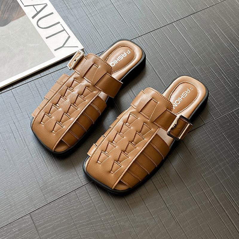 2025 French Women's Slippers Summer One-step Soft-soled Woven Casual Shoes New Hollow-toe Sandals with Dresses Designer Brands