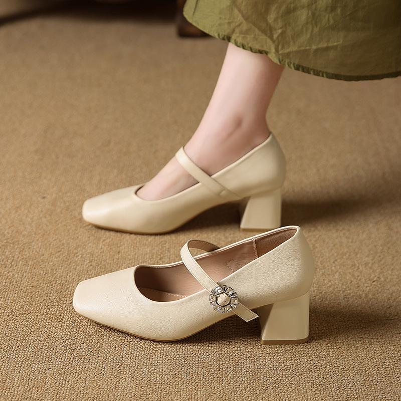 Square head shallow mouth Mary Jane single shoes women's 2025 spring new French temperament shallow mouth high heel fashion women's shoes