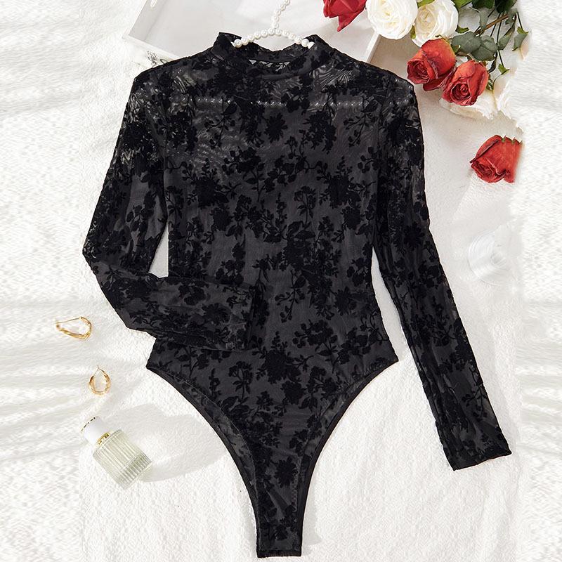 Autumn/Winter See-through Lace Mesh Long Sleeve Slim Fit Bodysuit