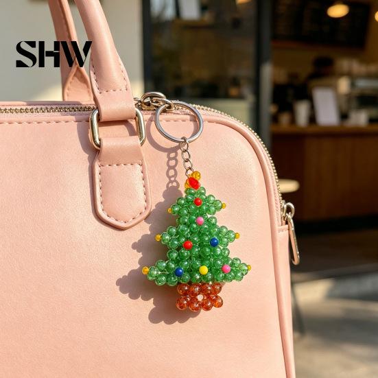 Decorative Bead Art for Home Christmas Tree Keychain, Faux Crystal Beaded Xmas Pendant, Personalized Holiday Party Decor 3D Key Ring Charm Accessory