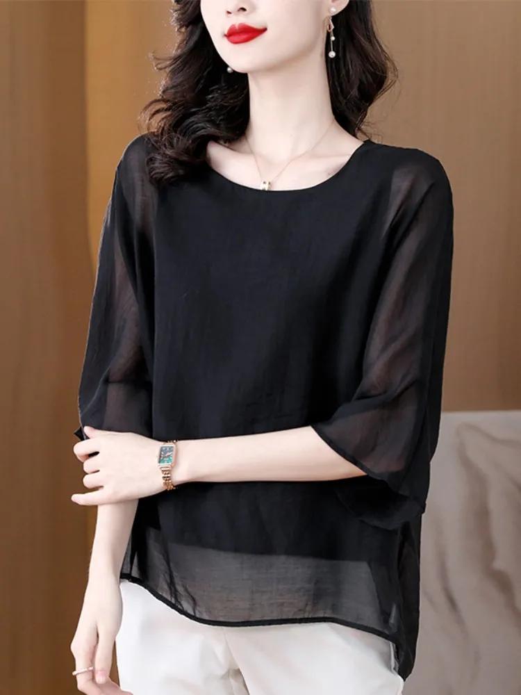 New Style Chiffon Shirt Solid Color Women's Mid-sleeve T-shirt Round Neck Loose French Top