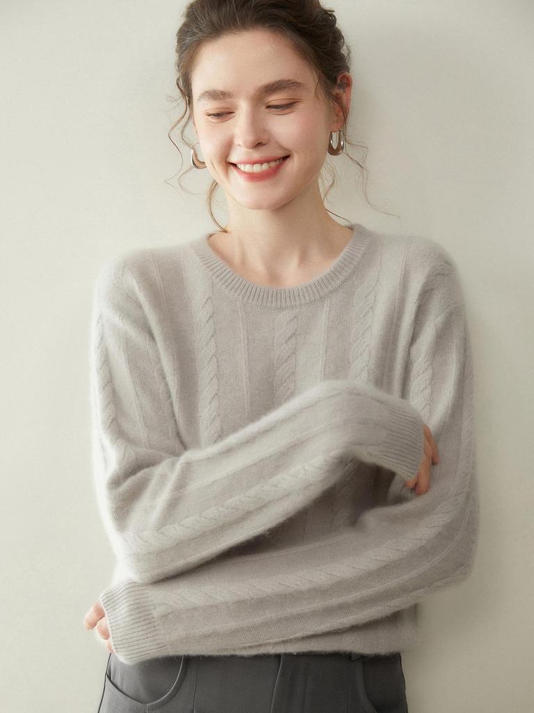 Maglione da donna in cashmere a girocollo: Lavorazione a treccia spessa, Morbido cashmere di capra, Ideale per Autunno/Inverno.