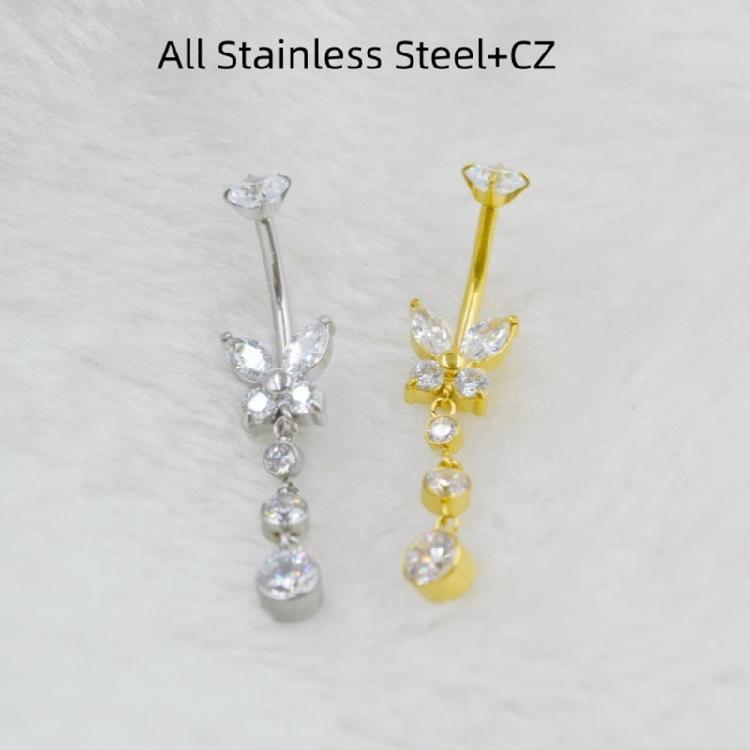 Fashionable Butterfly Belly Ring Stainless Steel Lightweight Body Jewelry With Shining Zircon Stones For Women