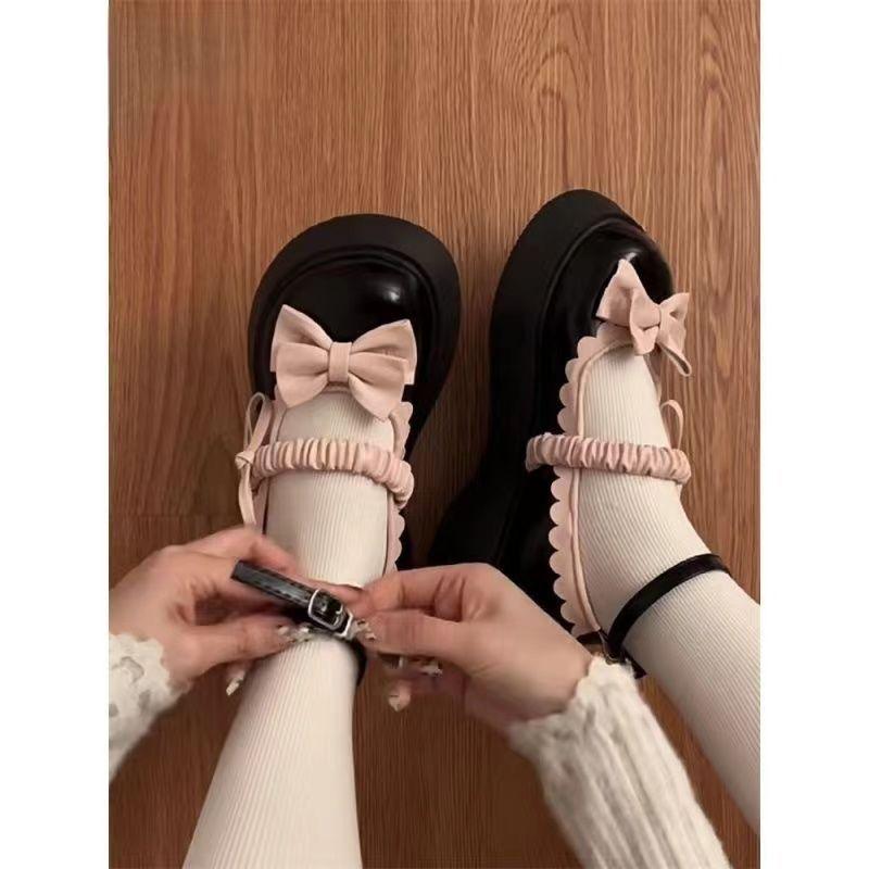 Japanese Sweet Bow Mary Jane Small Leather Shoes Fashionable Versatile Women's 2025 Shallow Muffin Thick-soled Jk Single Shoes