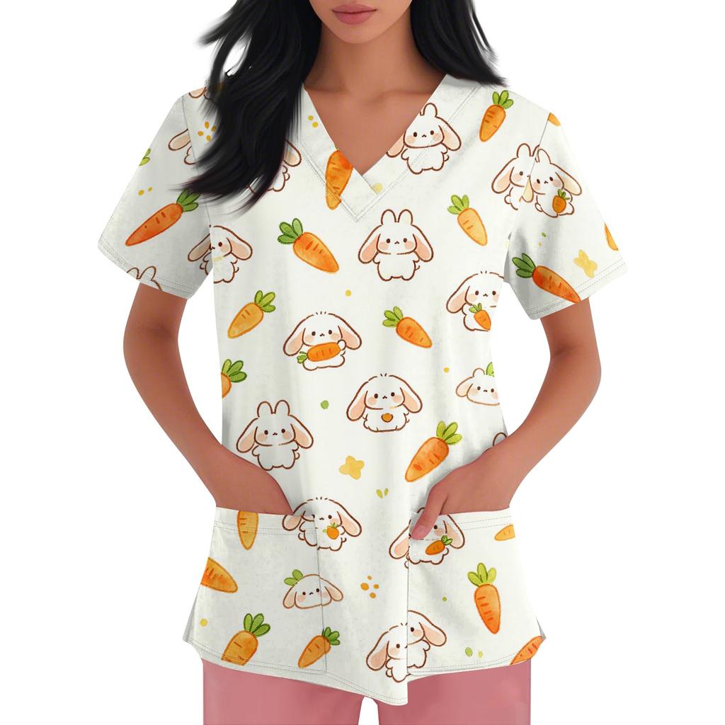 Damen V-Ausschnitt Kurzarm Arbeitshemd mit Taschen Tierprint Oberteil Medizinische Scrub Uniform für Gesundheitsberufe Bequeme Passform
