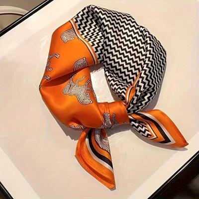 Quadratischer Schal mit orangefarbenen Streifen und Pferdemotiv, Damen-Schal aus Naturseide, lässig, vielseitig, dekorativ, kleiner Halsschal