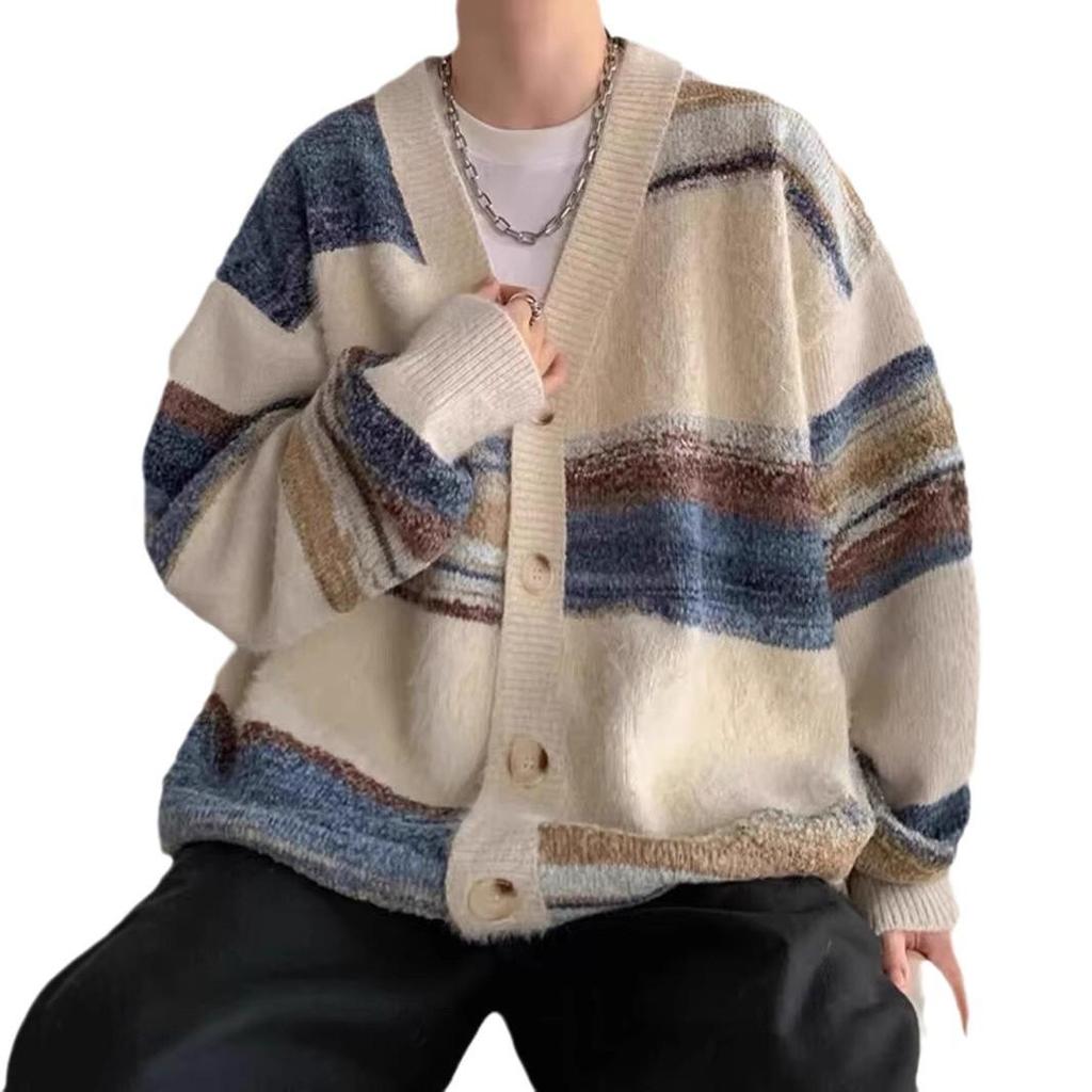 Cardigan Tricotat pentru Bărbați Retro cu Dungi și Blocuri de Culoare - Jachetă Tricotată de Toamnă/Iarnă pentru un Aspect Confortabil și Elegant