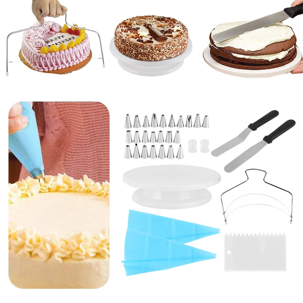 33Pcs Kitchen Cake Decorating Turntable Rotating Base with Scraper Pastry Nozzle Set Baking Tool