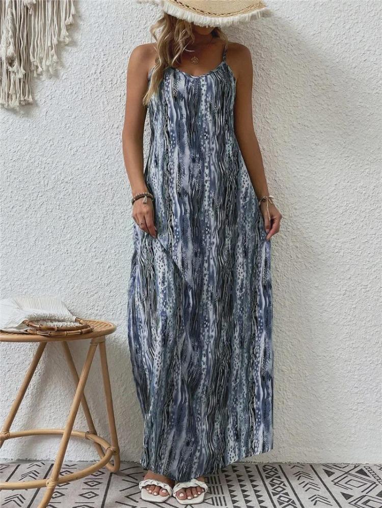 Spring Summer Women Fashion European American Style Printed Suspender Dress