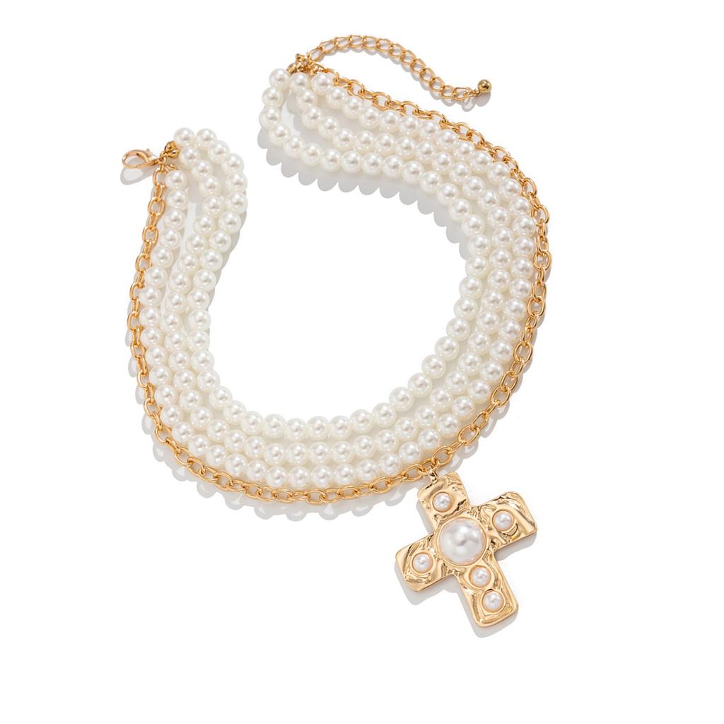 Pearls Crosses Necklace for Women Elegant Gold Layer Choker with Statement Pendant and Buckles Chain Adjustable