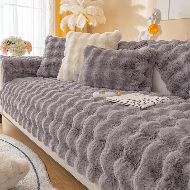 Rabbit Plush Sofa Cushion Winter Non-slip Sofa Blanket Extra Thick Warm Sofa Cover Floor Tatami Mat