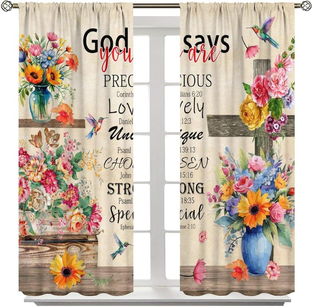 Birds Bible Verse Kitchen Curtains, Christian Rustic Flower Cross Scripture Quote Hummingbird Window Drapes For Bedroom
