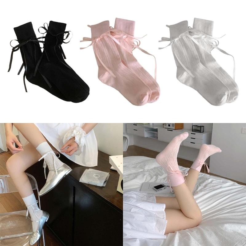 Japanese Style Sweet Waved Mesh Hollow-Out Short Crew Socks Student Girls Cute Lace Up Bowknot Ankle Socks for Womens