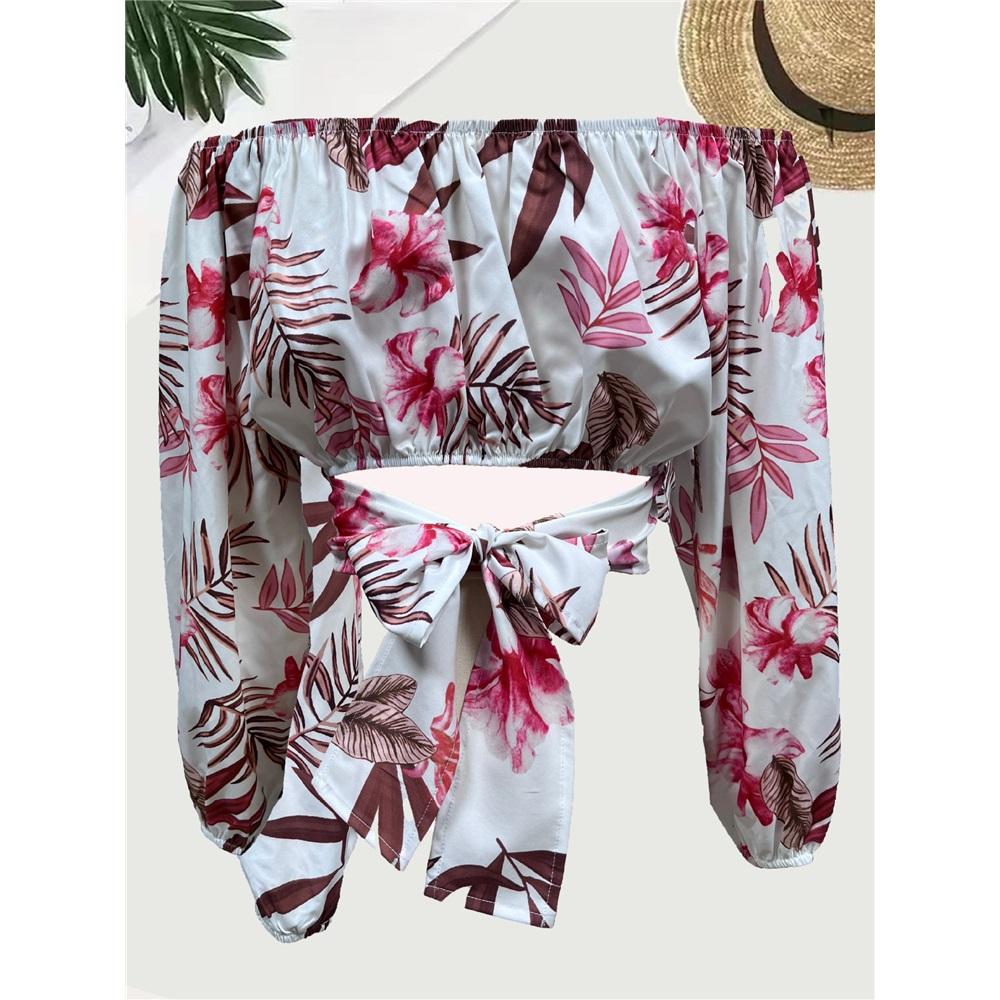 Women's long sleeves off-shoulder one-length neck lantern sleeve printed shirt