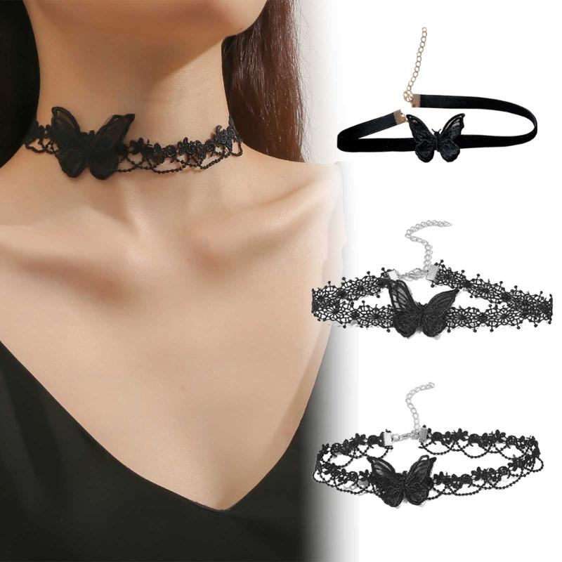 3 Pcs Black Lace Butterfly Choker Necklace Punk Clavicle Chain Necklace Adjustable Collar Chain Statement Jewelry