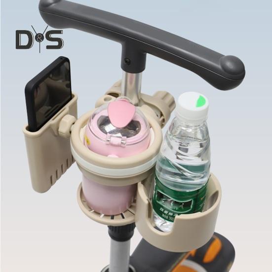 Retractable Stroller Cup Holder with Phone Bracket 3 in 1 Non Slip Firmly Grip Stroller Bar 360 Degrees Rotation Drink Holder for Scooter Bike Walker