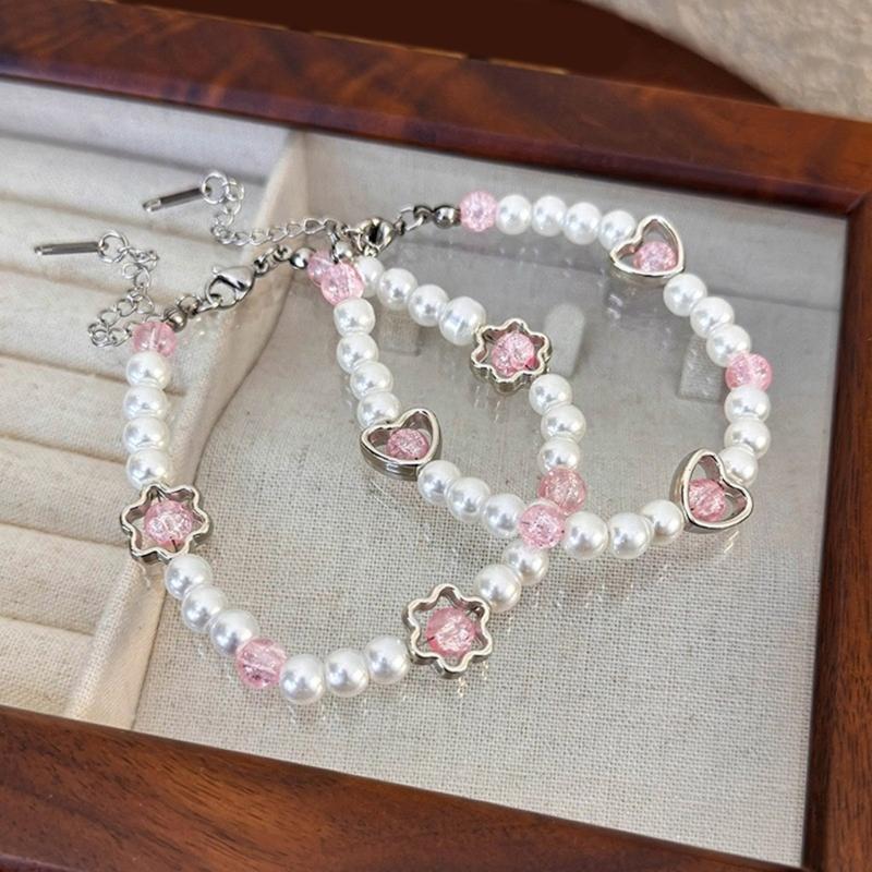 Stylish Bracelet with Heart Shaped Flower Imitation Pearls Wrist Jewelry Adjustable Size Perfect for Daily Wear