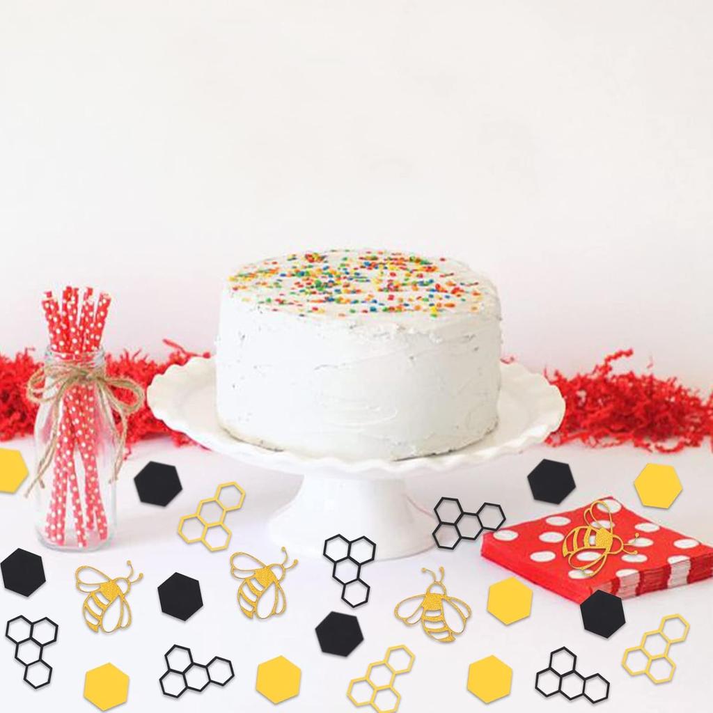 100PCS Bee Confetti Bee Dot Stripes Yellow Black Circle Honeycomb Hexagon Confetti for Baby Shower Themed Bee Birthday Table Decoration Supplies
