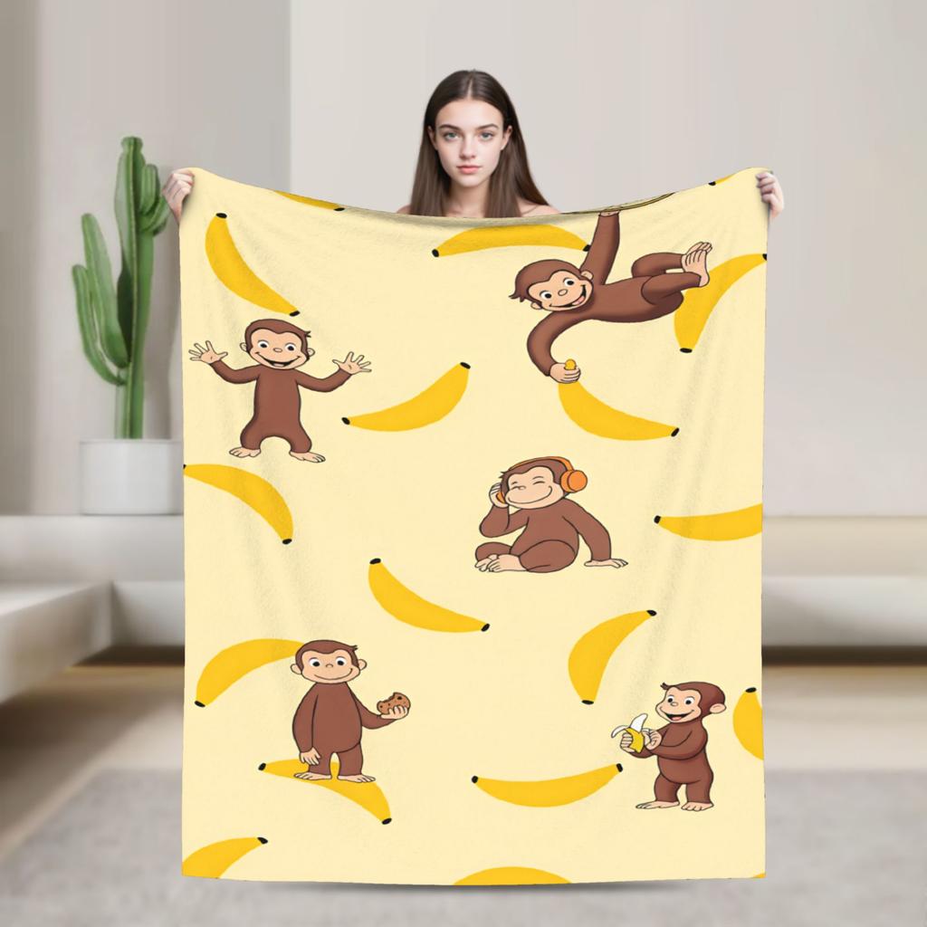 Curious George Pink Check Life Flannel Blankets Soft Throw Blanket for Bedroom Decorative Graphic Bedspread Sofa Bed Cover