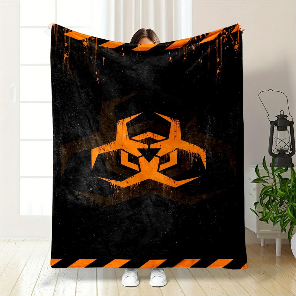 Biohazard Symbol in Orange and Black Design Flannel blanket for bedroom, living room, sofa, and nap sofas.