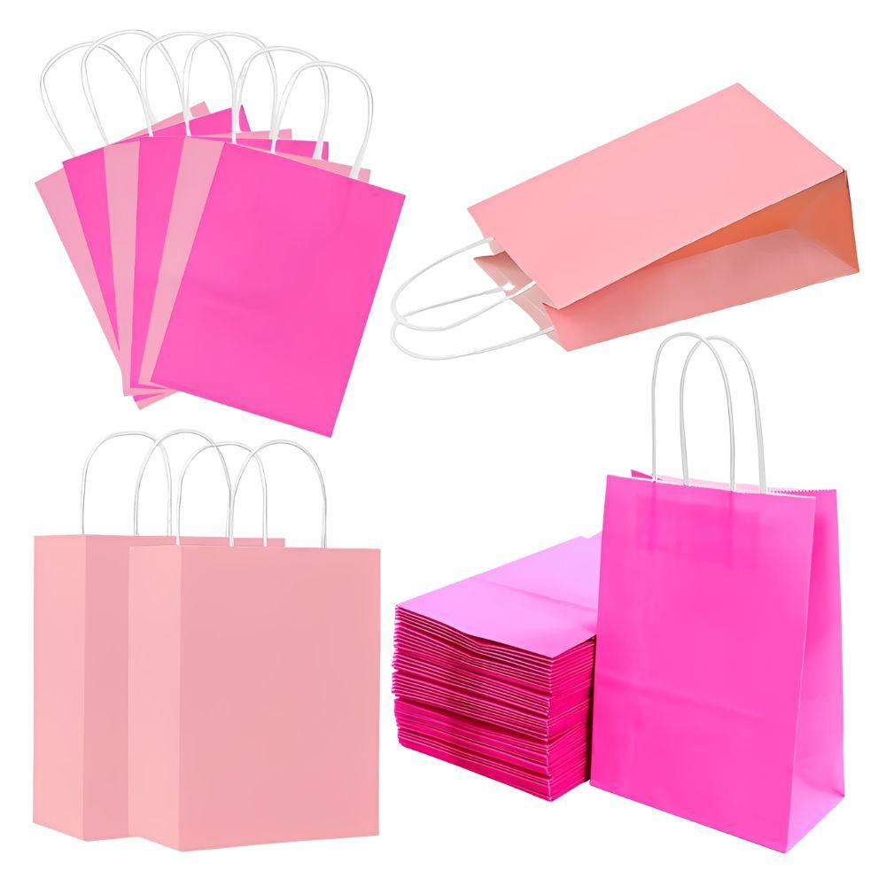 24pcs Kraft Paper Gift Bags Pink & Rose Red DIY Festival Party Tote Present Bags Supermarkets Gift Shops Packaging Supplies YMY
