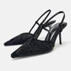 Breathable Mesh String Bead Slingback Black Heels Women Sexy Pointed Toe Back Strap Stiletto Sandals Luxury Party Designer Shoes