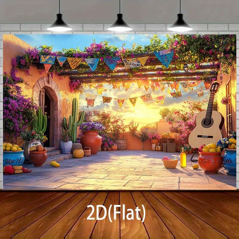 A two-dimensional background fabric with a theme of a Mexican carnival accompanied by colorful flags guitars and potted plants