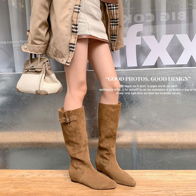 Double 12 Careful Machine~ Cao Thin Two Wear~ Small Square Head Matte Leather Inner Height Increasing Boots 2025 Full Leather Stacking Boots