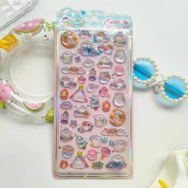 4pcsCute Cartoon Animal Cat and Fruit 3D Embossed Stickers, Handmade Stickers for Diary Decoration, Cute Stationery Stickers