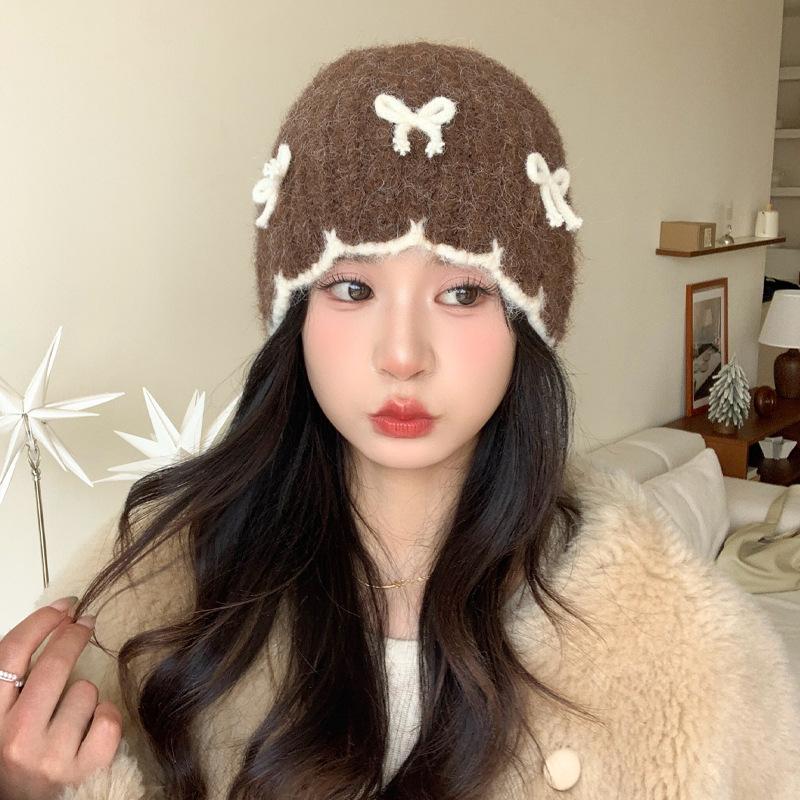 

Женская осенне-зимняя милая и универсальная вязаная шерстяная шапка с бантом в корейском стиле, шапка-обхват для большой головы, теплая шапка от холода, новинка One Size