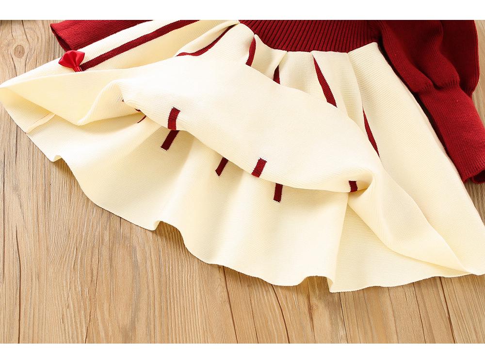 Rochie de iarnă tricotată cu fundă pentru fete, din lână, cu mâneci bufante - Stil coreean