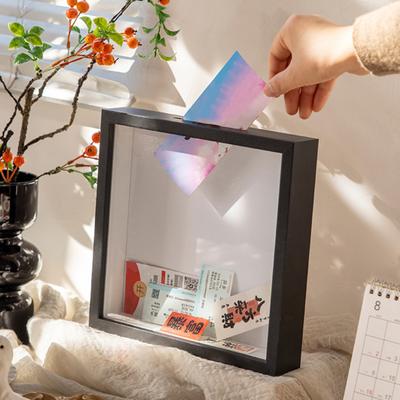 Ticket Shadow Stamp with Slot Wooden Frame Square Travel Adventure Archive Box Box Ticket Letter Photo Keepsake Storage