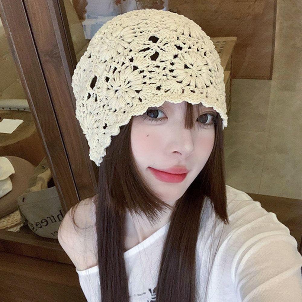 Women's Hollowed Out Knitted Hat Casual Beret Cap Fashion Flowers Breathable Skullies Hat Sun Visor