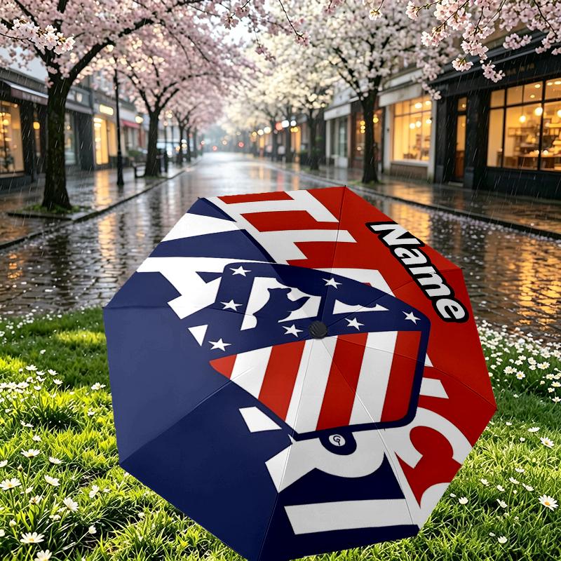 Custom Name Personalized Atletico Madrid Print Umbrella, Auto Open Close, 8‑Rib Sturdy Frame, Commute Camping Hiking Use, Birthday Gift