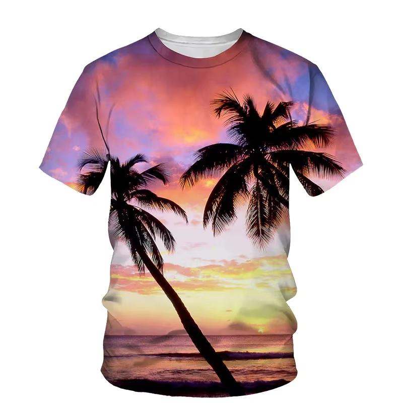 Coconut Plant 3D Printing T-shirts Vacation Sunset Short Sleeves Outdoor Street Summer Round Neck Men's and Women's Unisex T-shirts