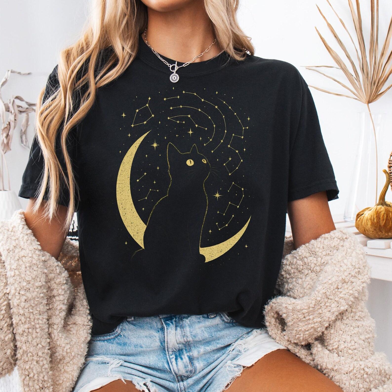 Celestial Black CaT shirt, Comfort Colors Constellation Tee Moon Stars Witchy Cat T shirt, Spiritual Cat Lover Gift Mystical Night Sky Shirt XL