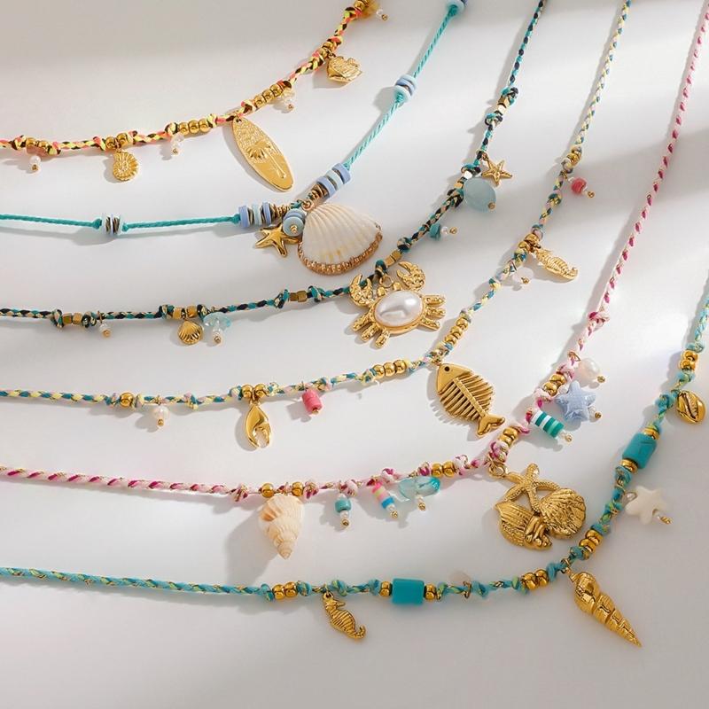 Minimalist Seashells Neckchain Adjustable Length Colorful Rope Stainless Steel Pendant Necklace Casual Wear Jewelry