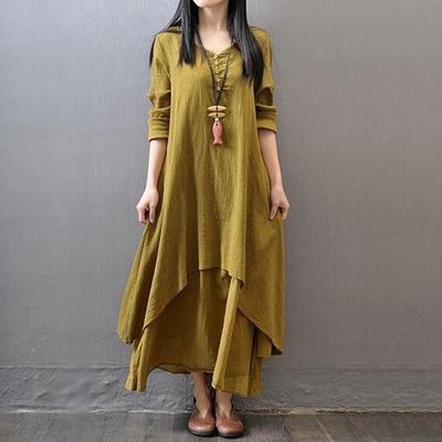 2023 Spring Long Sleeve Cotton Linen Swing Dress - Fake Two-Piece Design