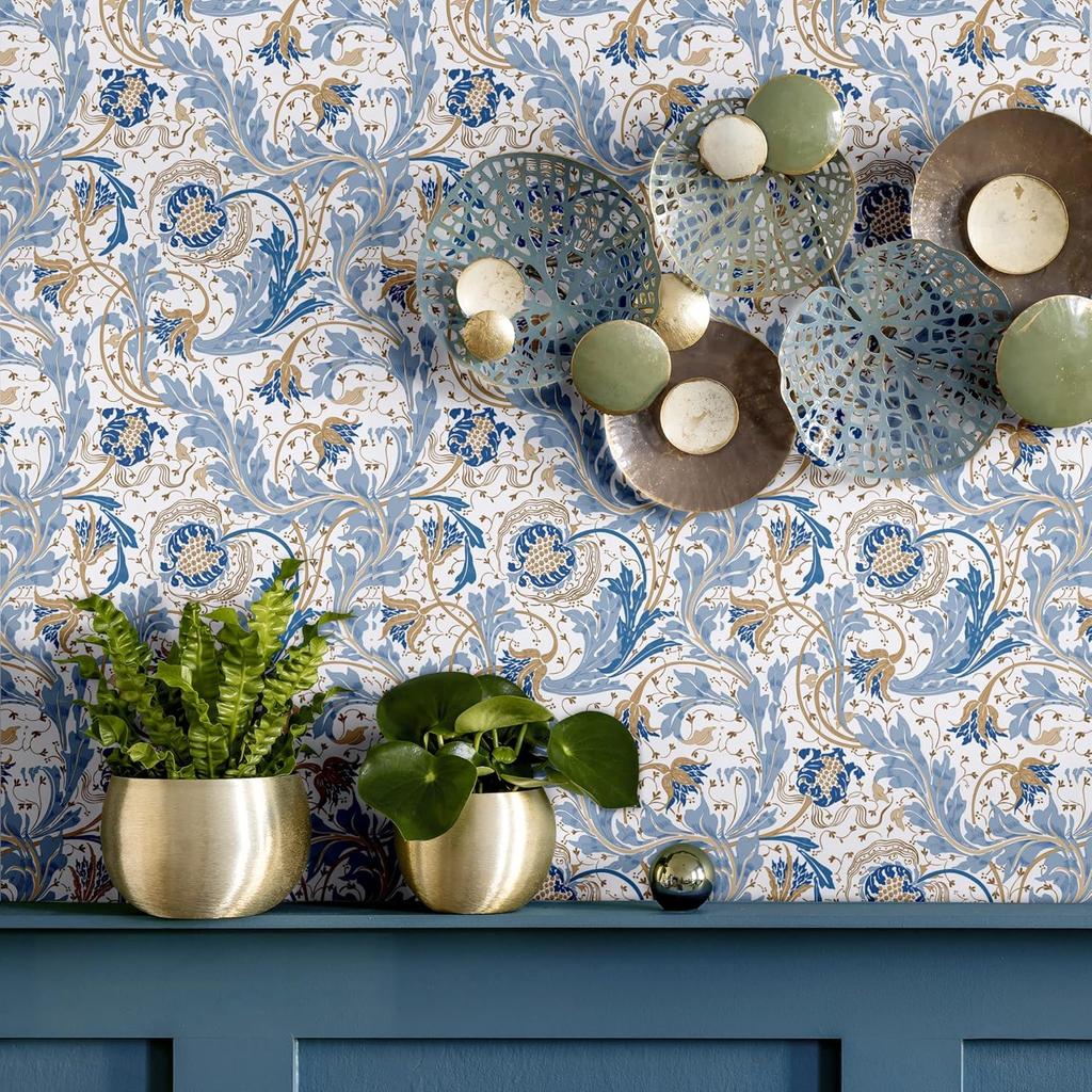 Blooming Wall DPYC01 Blue Pomegranate and Rolled Flower and Leaves Textured Peel and Stick Wallpaper Self-Adhesive Prepasted Wallpaper