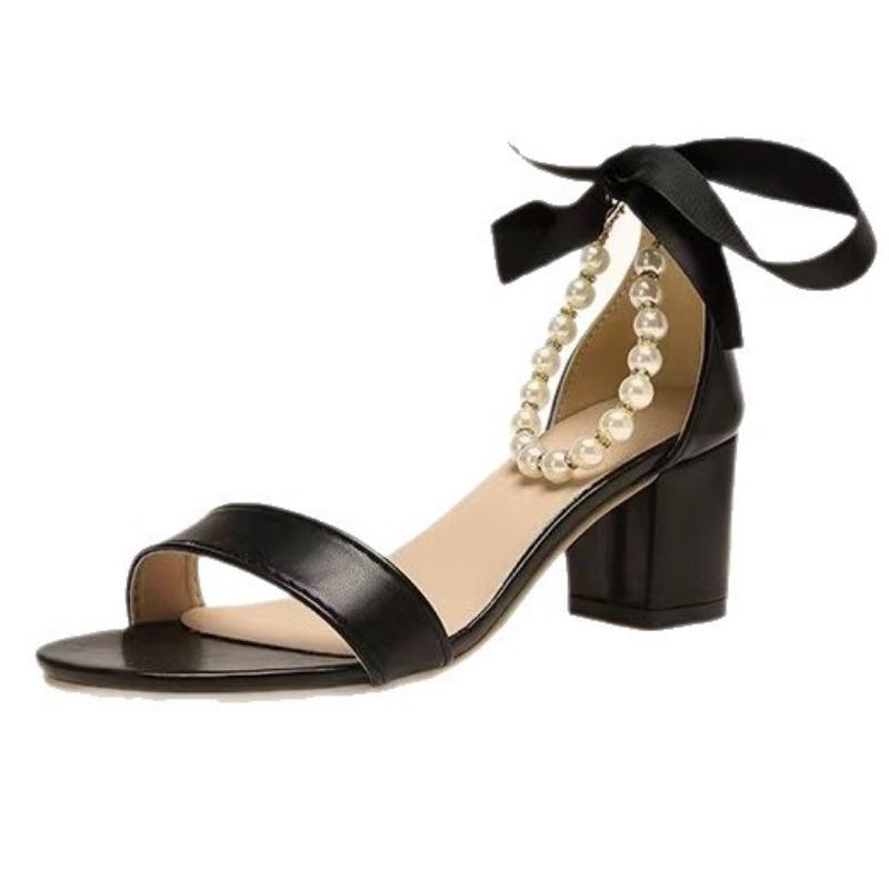 Super fairy temperament high heels women's summer new with skirt bow pearl thick heel sandals