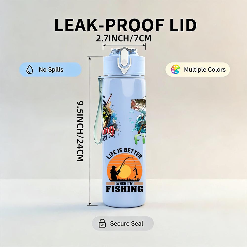 1PC Multi Angler Fishing Quote Text Print 750ml Color Plastic Water Bottle Leakproof Flip Straw Lid For Sports Office Home Use