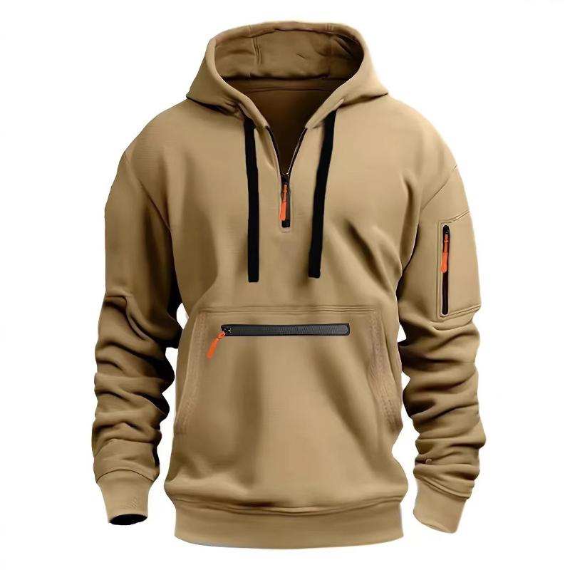 New Men's Sweatshirt Plus Velvet Casual Sports Multi-zipper Pocket Personality Pullover Solid Color Hoodie Jacket